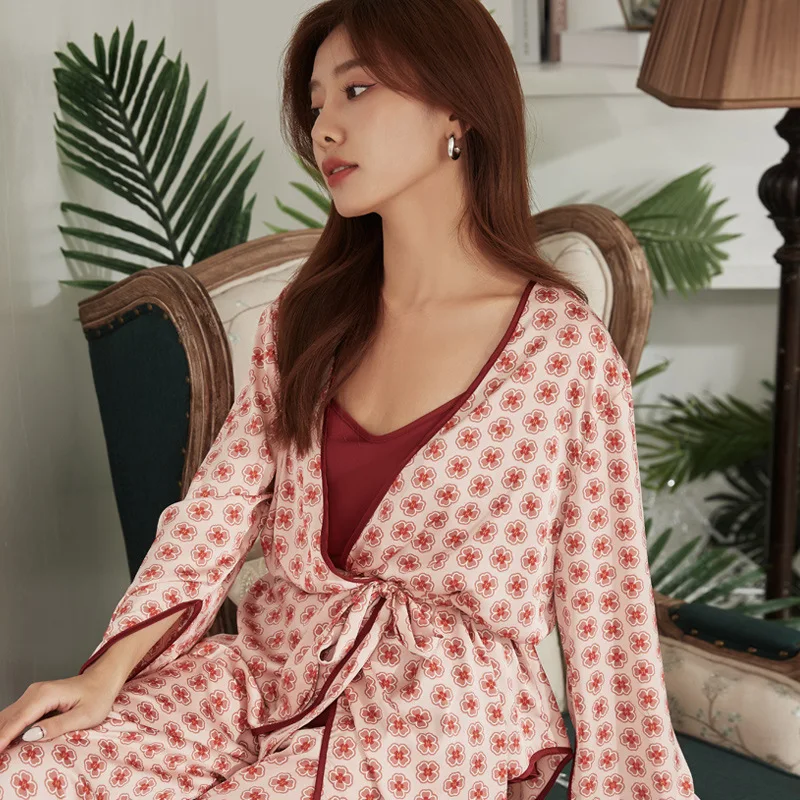 Women's Pajamas Sets Floral Pijama Ice Silk Female Pyjama Long Sleeve Kimono Robe Sling Pants 3PCS Sleepwear Suit Homewear