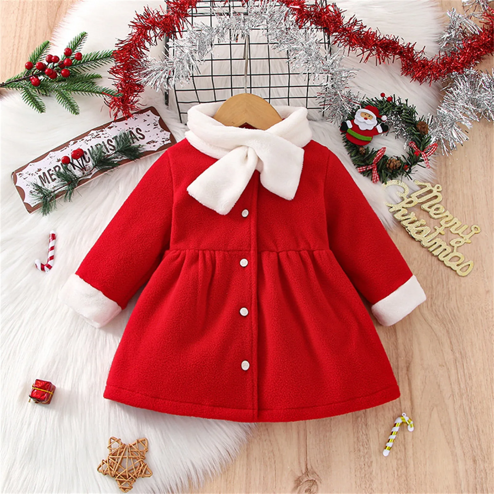 

Xmas Infant Baby Newborn Girls Cartoon Cotton Long Sleeve Patchwork Warm Princess Dress Christmas Flannel Dress for Girls
