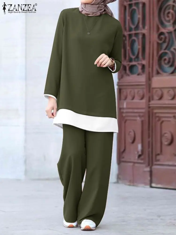 

Newest Muslim Sets Two Pieces Turkish Blouses Loose Trousers Elegant Solid Color Abaya Islamic Clothing ZANZEA Urban Tracksuit