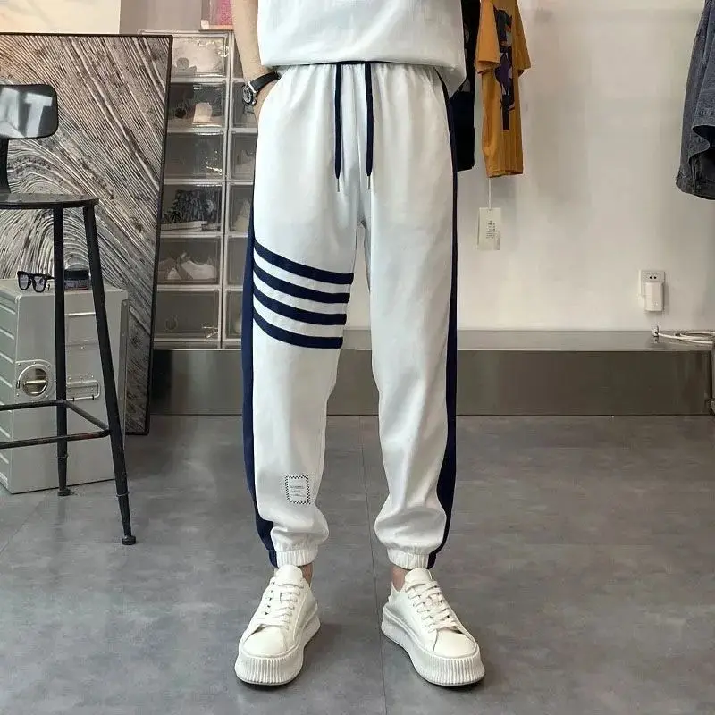 

Four bar casual pants for men, thin summer patchwork, trendy men, leggings, loose striped sportswear pants for men