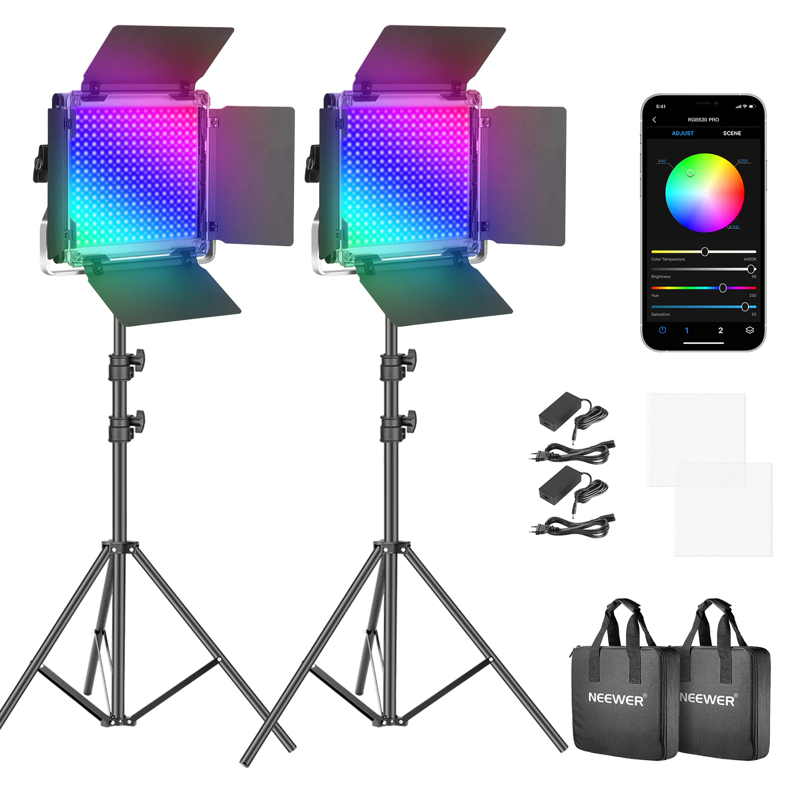 

Neewer 530PRO RGB Led Video Light, APP Control,45W Video Lighting Kit for Zoom, YouTube, Broadcasting,Web Conference,Photography