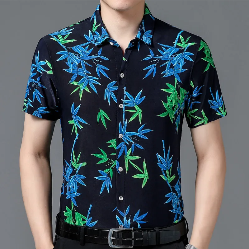 

Hawaiian Style Casual 80% Silk Shirts Men'S Short Sleeve Both Sides Chinese Nation Flower 2023 Beach Summer Clothes