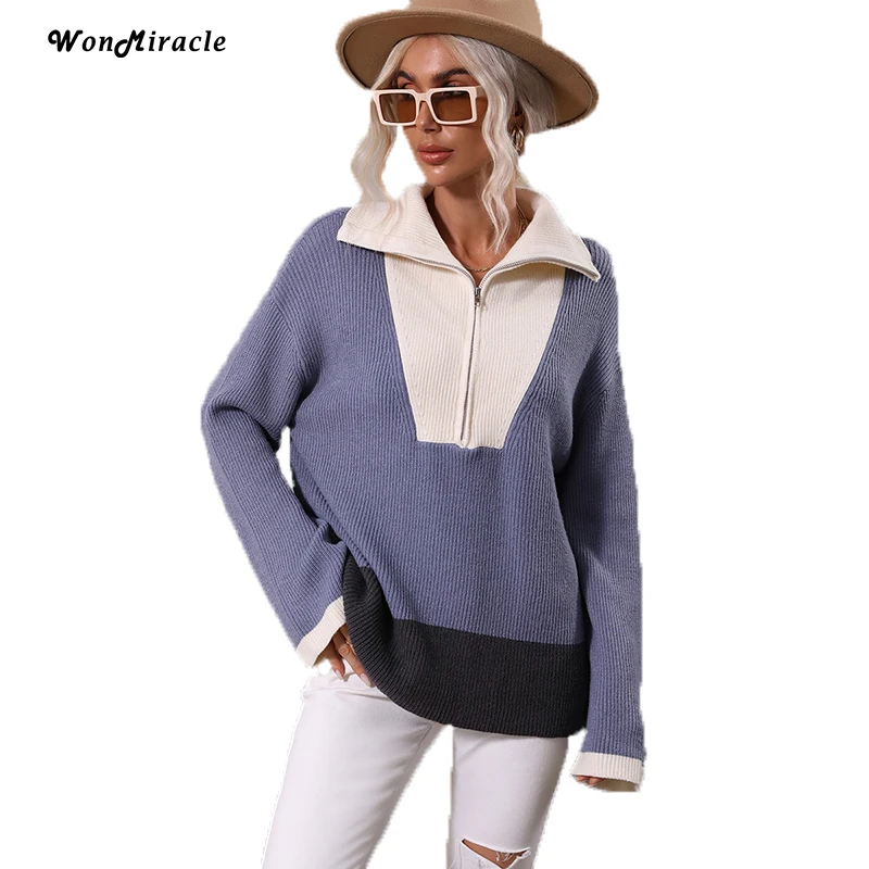 

WonMiracle Zipper Patchwork Pullover 2023 Spring New Elegant Long Sleeve Womens Tops And Blouse Kintting Vintage Loose Sweaters
