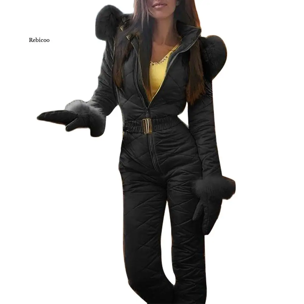 Женский зимний комбинезон на молнии с воротником из искусственного меха