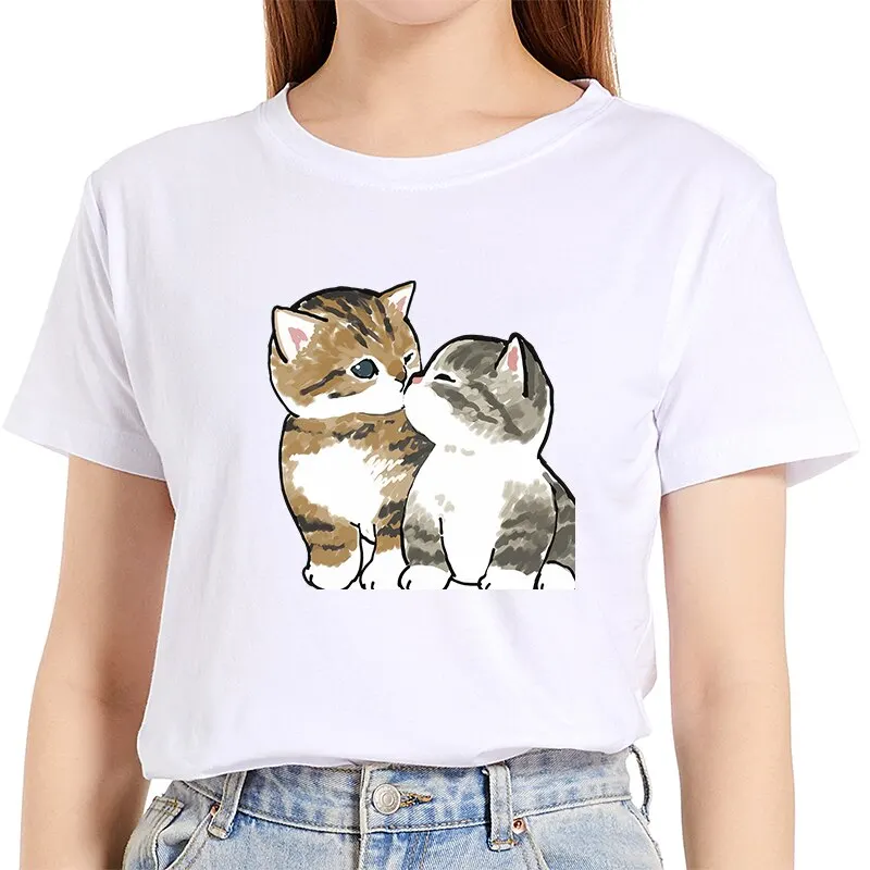 

Summer Graphic Women Daily 100% Cotton T-shirts Female Casual Fashion Short Sleeve Little Cat Kiss Print Ladies O-Neck Tees Tops