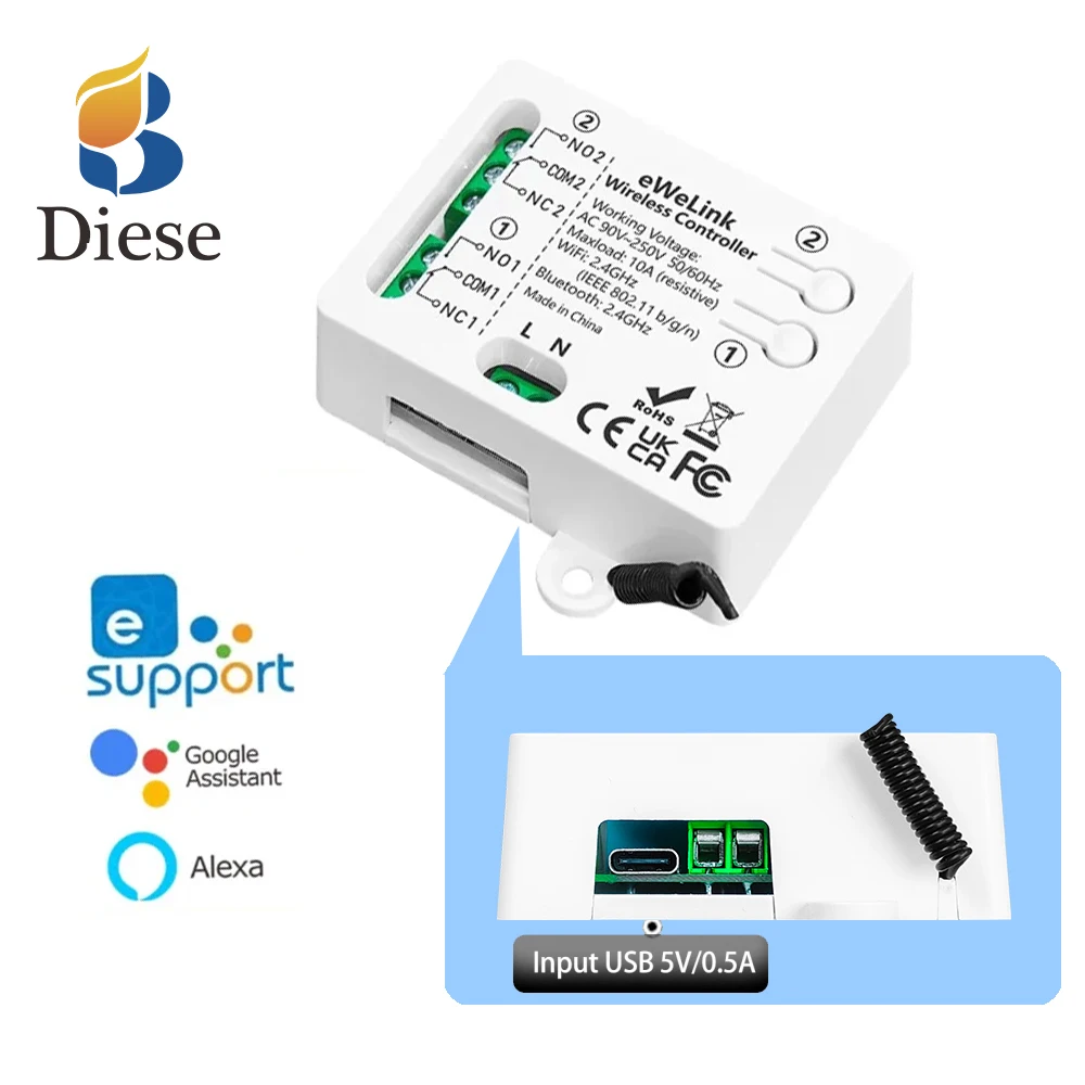 Фото Умный Wi-Fi выключатель EWelink с сухим контактом, AC110V, USB5V, 2-канальный релейный модуль, импульсный/с фиксацией режим, приемник с таймером, работает с Alexa Google №1