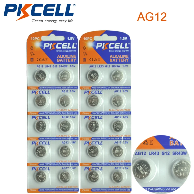 

Кнопочная батарейка 20 шт./лот PKCELL LR43, Щелочная батарейка AG12 V12GA SR43W SG12 260 1,5 V, Кнопочная батарейка
