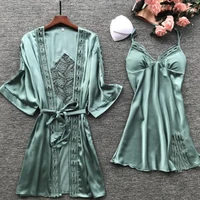 new womens 2022 fashion sexy suspender nightgown ice silk polyester long sleeved pajamas two piece home wear with chest pad