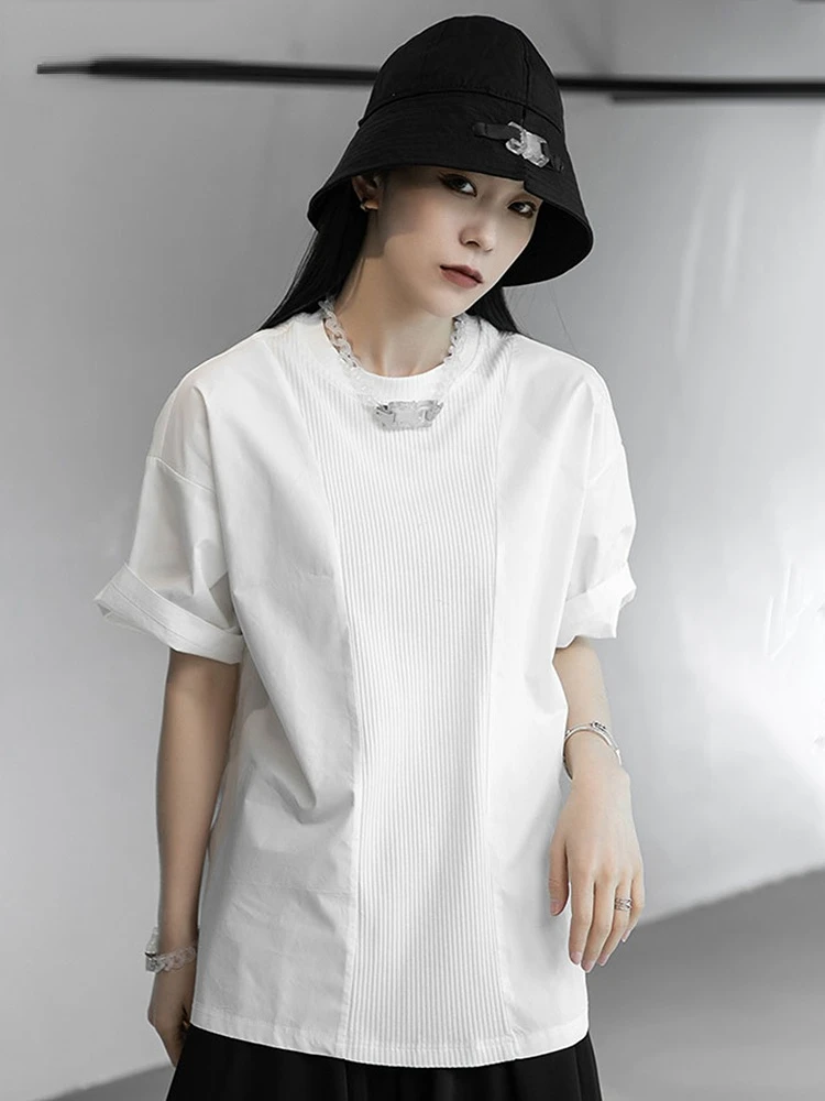 

Women White Brief Big Size Casual T-shirt New Round Neck Half Sleeve Loose Fit Fashion Tide Spring Autumn 2023 1DF5709