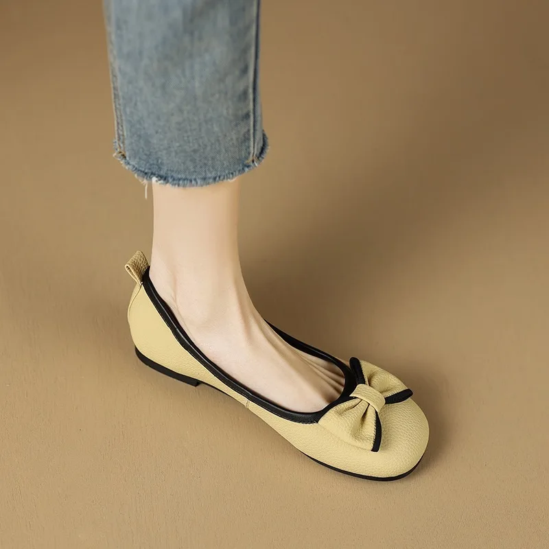 2023 Summer Soft Leather Bowknot Shallow Mouth Single Shoe Women's New Flat Bottom Large Grandma's Shoe Woman Designer Shoes