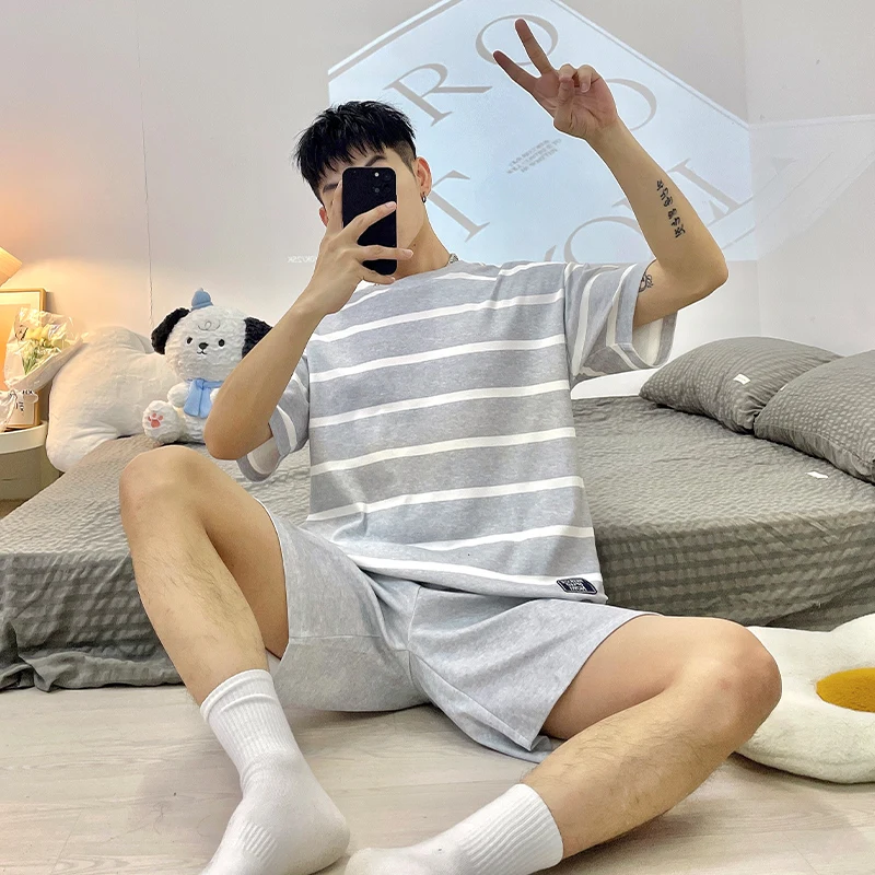 Men Cotton Striped Summer Sleepwear Set Classic Gray Casual Home Loungue Confortable Nightwear Pajamas