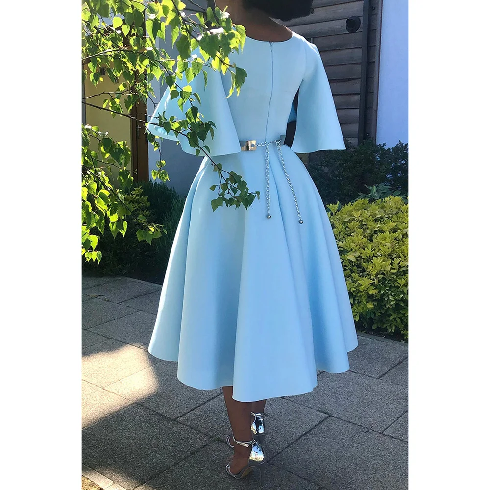 Женское элегантное ТРАПЕЦИЕВИДНОЕ голубое официальное платье средней длины с