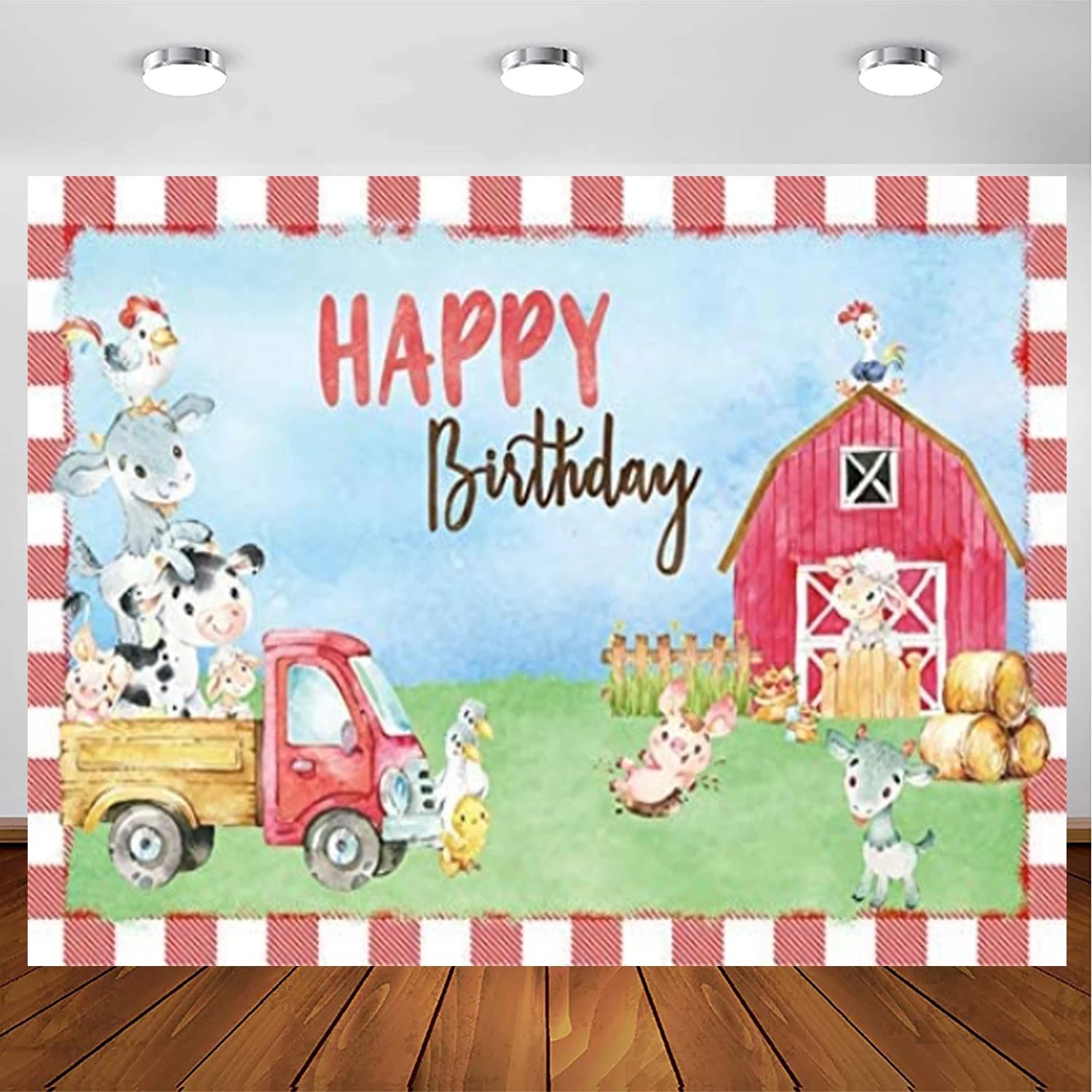 

Farm Theme Photography Backdrop Red Barn Truck Fence Green Meadow Sheep Cattle Animals Kids Happy Birthday Party Background