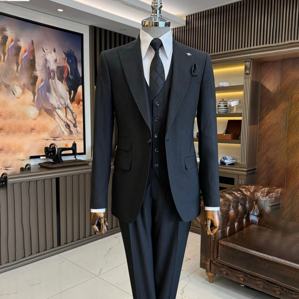 Элегантные черные мужские костюмы однобортный деловой Блейзер полосатый модный