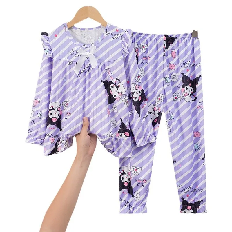 Kawaii Anime Cartoon Sanrio Cute My Melody Kuromi Cinnamoroll Hello Kitty Children's Pajamas Long-Sleeved Set Home Clothes