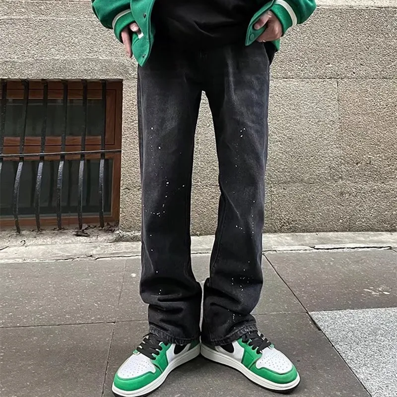 2022 High Streetwear Letter Embroidery Baggy Men Flare Jeans Pants Straight Hip Hop Black Vintage Denim Trousers Pantaloni Uomo