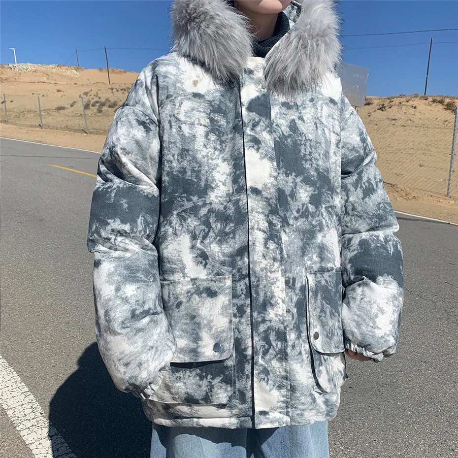 Hip Hop Streetwear Tie-dyed Parka Men Winter Thick Jackte Coat Tie Dyed Fashion Winter Coats Male