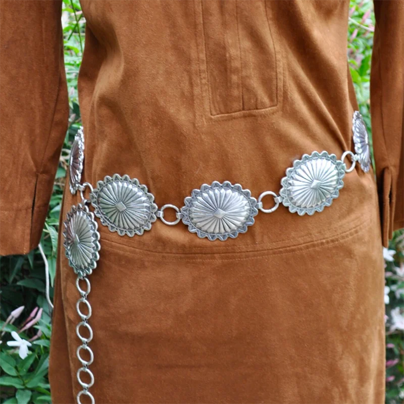 CONCHO LINK BELT Southwestern Sun Star Burst Stamped Metal Medallion Concho Chain Belt Cowgirl Summer Dress Waist Boho Accessori