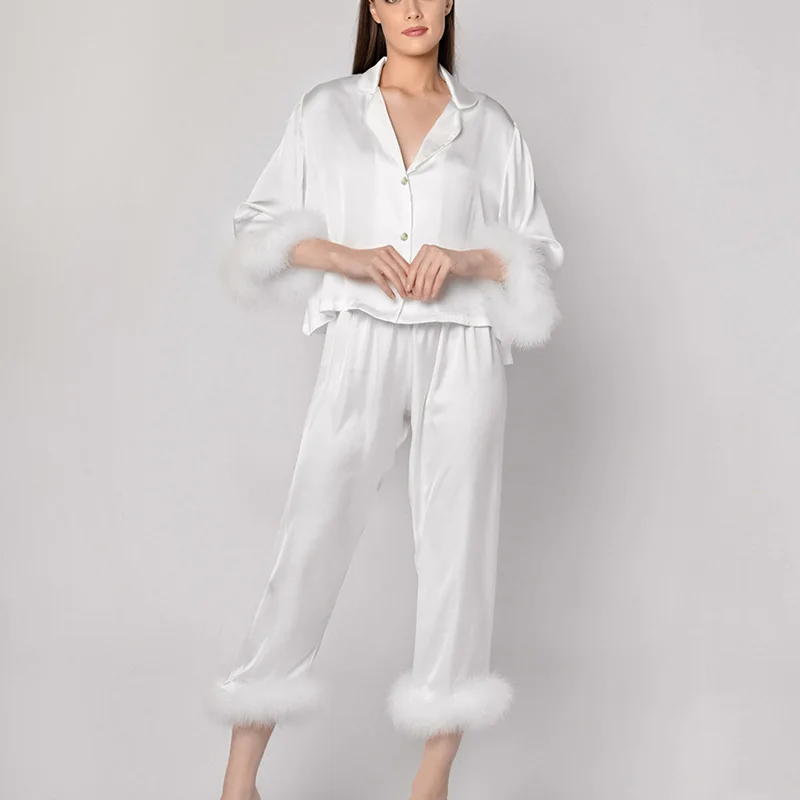 2022 New Seamless Ice Silk Satin Sleepwear Set For Women Fashion Solid Color Feather Sleeve Pajamas Suit Loose Female Homewear
