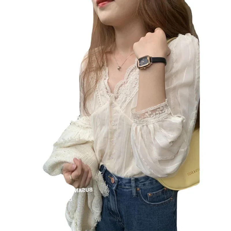 Элегантная кружевная блузка Женская Мягкая универсальная шифоновая рубашка