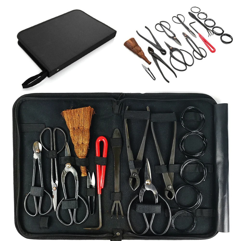 14Pcs Bonsai Tool Set Carbon Steel Extensive Cutter Scissors Kit With Nylon Case For Garden Pruning Tools