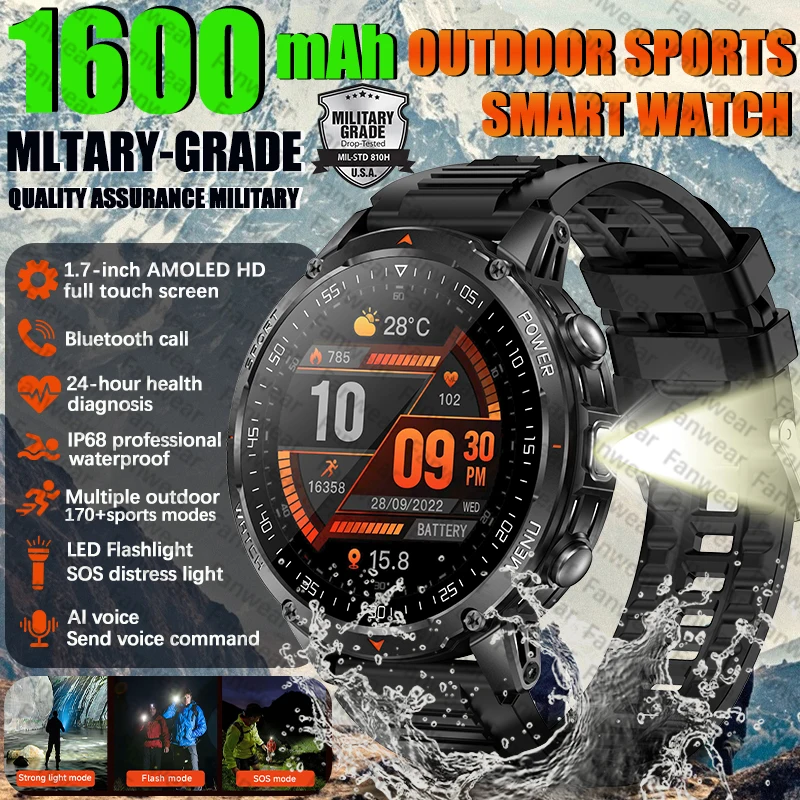 Фото Новые военные умные часы Fanwear для мужчин, прочные, для активного отдыха, с аккумулятором 1600 мАч, GPS, LED-фонариком, водонепроницаемые, с Bluetooth-вызовами и функциями отслеживания здоровья №1