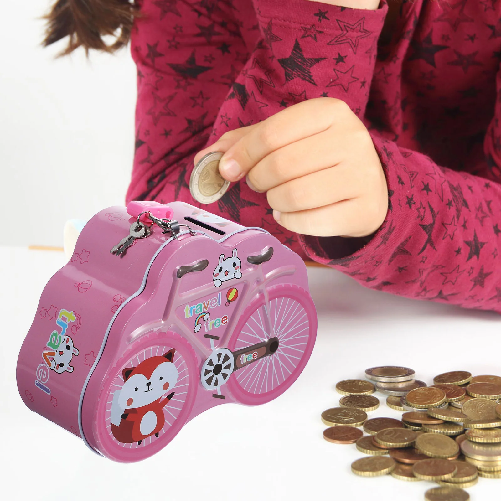 

Cute Bicycle Piggy Bank Cartoon Pattern Piggy Bank with Lock Tinplate Money Saving Pot for Kids