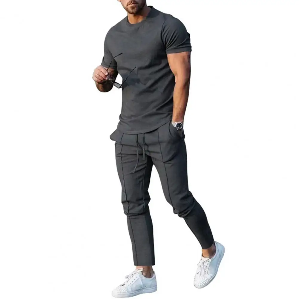 

Breathable 1 Set Stylish Crew Neck T-shirt Lace-up Pants Male Men T-shirt Trousers Round Neck Streetwear