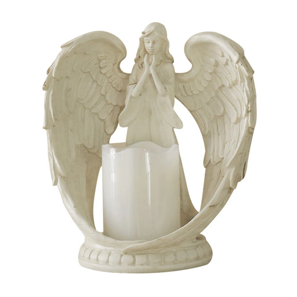 

Wings Sculpture Resin Gifts Wedding Flamless Christmas Decorative Angel Figurine Statue Crafts Praying Electronic Candlestick
