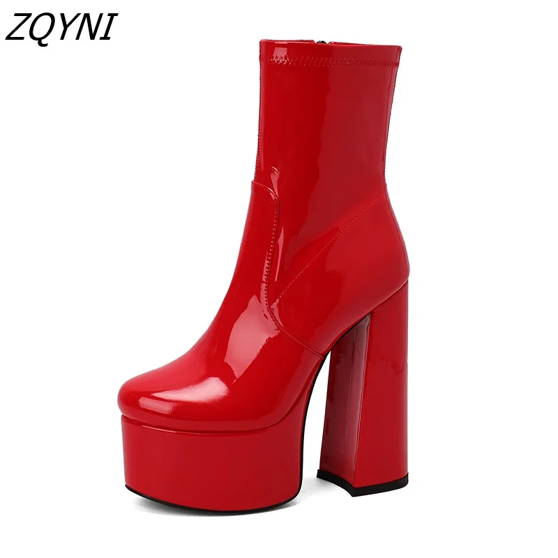 

ZQYNI-Women's authentic leather boots warm high heels with platform red green black Festival autumn and winter novelty 2022