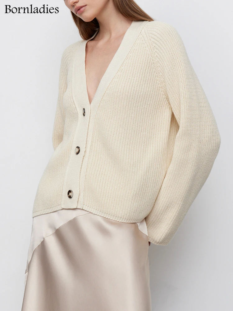 

Bornladies Повседневный вязаный Свободный кардиган с V-образным вырезом, женские свитера на пуговицах с рукавами-фонариками, Женские базовые бел...