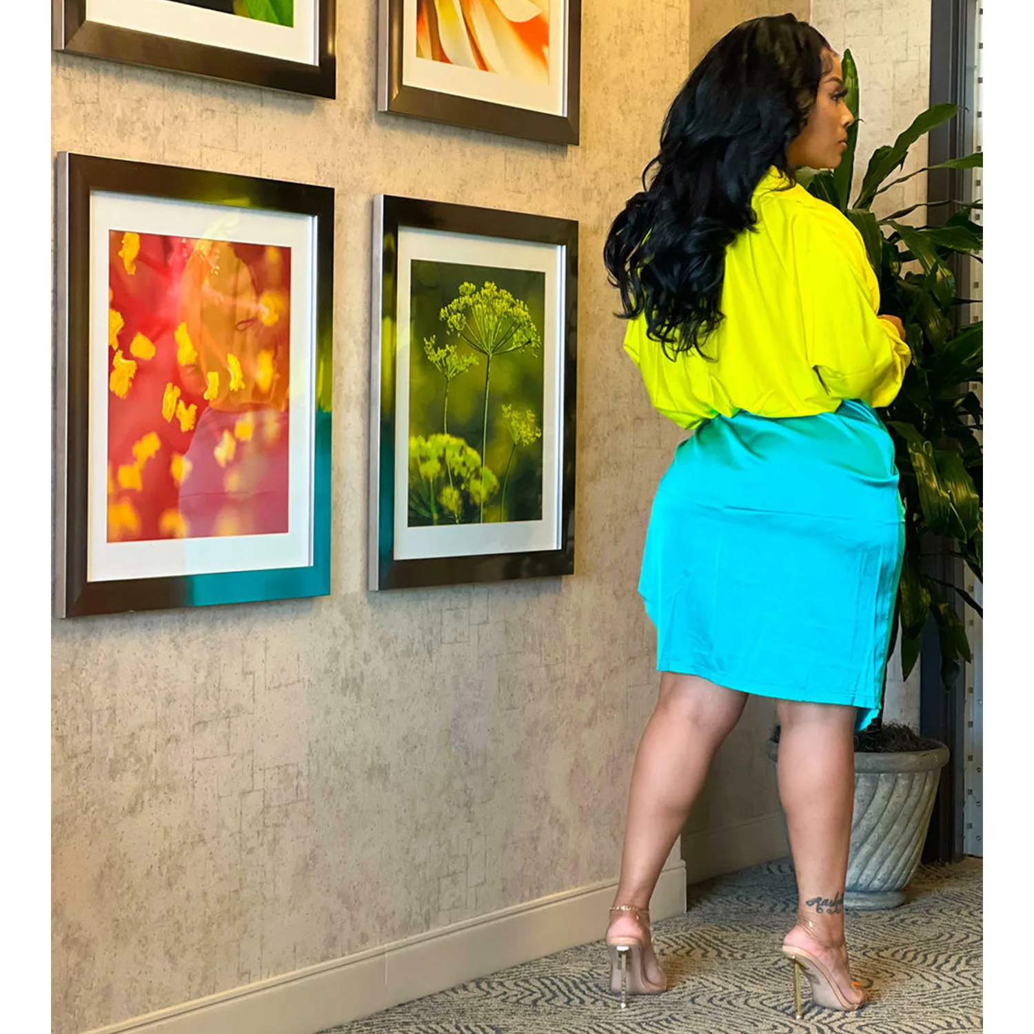 Женский атласный комплект из двух предметов предметов: флуоресцентная желтая