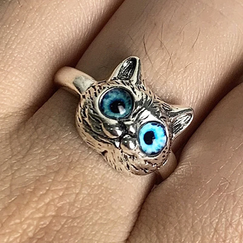 

Cute Blue Eyes Cat Ring Owl Rings Women Men Ancient Silver Animal Rings Opening Adjustable Rings Party Ring Vintage Jewelry Gift