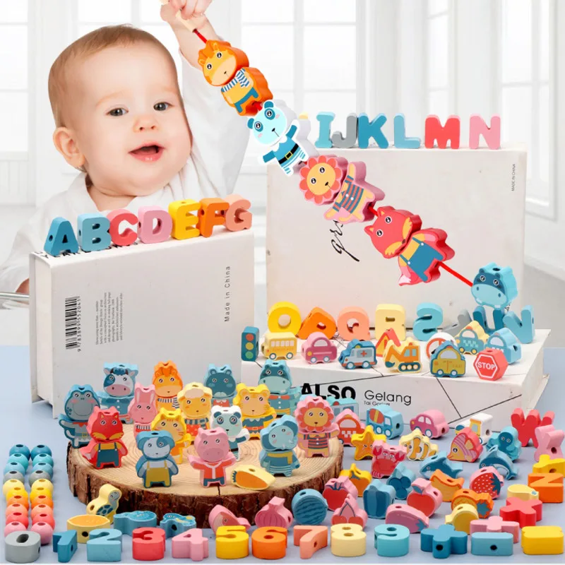 

Kids Wooden Animal Fruit Block Stringing Beaded Toys For Children Montessori Sensory Cognition Learning Educational Toys Gift