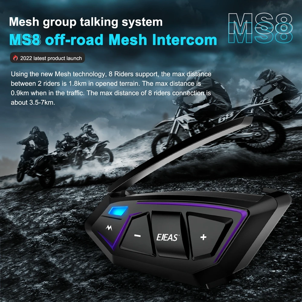 

EJEAS 1Pc MS8 IP67 Waterproof Motorcycle Mesh Intercom Motor Helmet Headset Bluetooth 5.1 Interphone 8 People Talk At Real Time