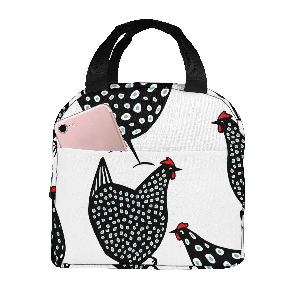 

Black Speckled Chickens Farm Cooler Bag Portable Zipper Thermal Lunch Bag Convenient Lunch Box Tote Food Bag