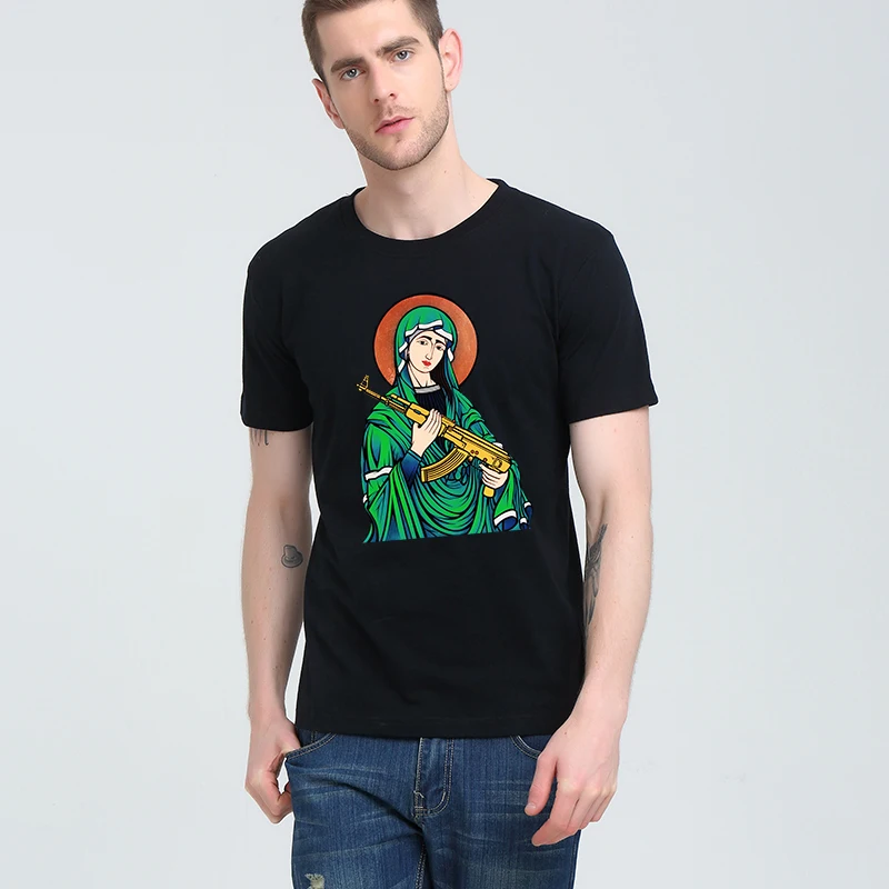 

Blessed Virgin Mary Madonna Kalashnikov Gun t-shirt Top Pure Cotton Men T Shirt