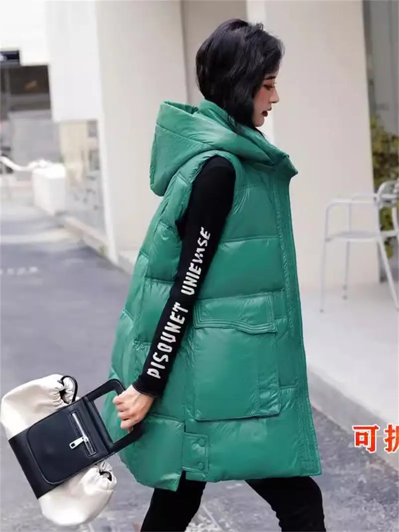 Глянцевая съемная шапка средней длины хлопковый пуховый жилет женское пальто