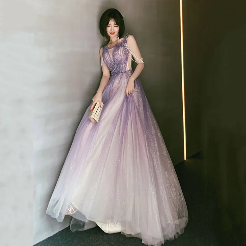 

14224#IENA Elegant Illusion Pearl Beading Sleeve Sequined Puffy Tulle Maxi Evening Dress Club Party Quinceanera Dress Prom Gown