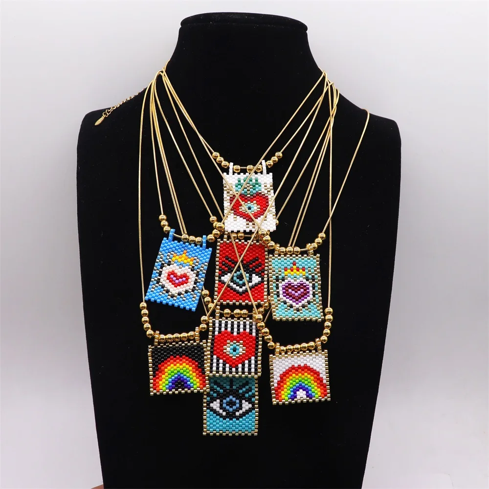 

Miyuki Beaded Handmade Charm Necklace Adjustable Stainless Steel Chain Necklace for Women Teen Girl Evil Eye Heart Boho Jewelry
