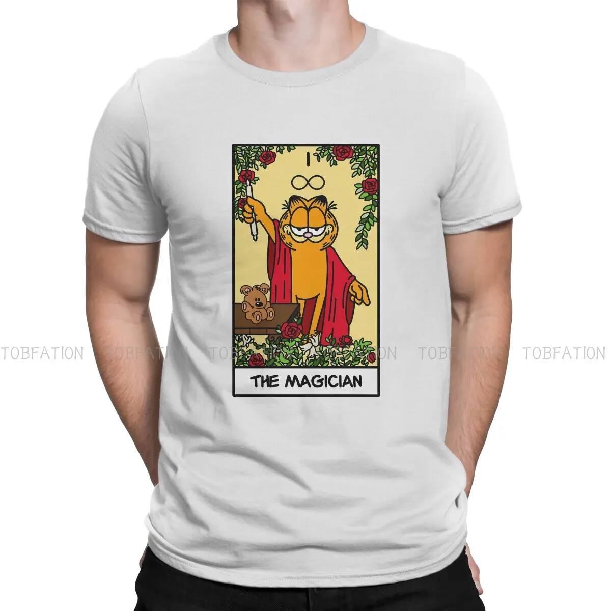 

Футболка GarfieldCat The Magician Tarot Card, мужские футболки с графическим рисунком, летняя одежда из 100% хлопка, футболка с круглым вырезом