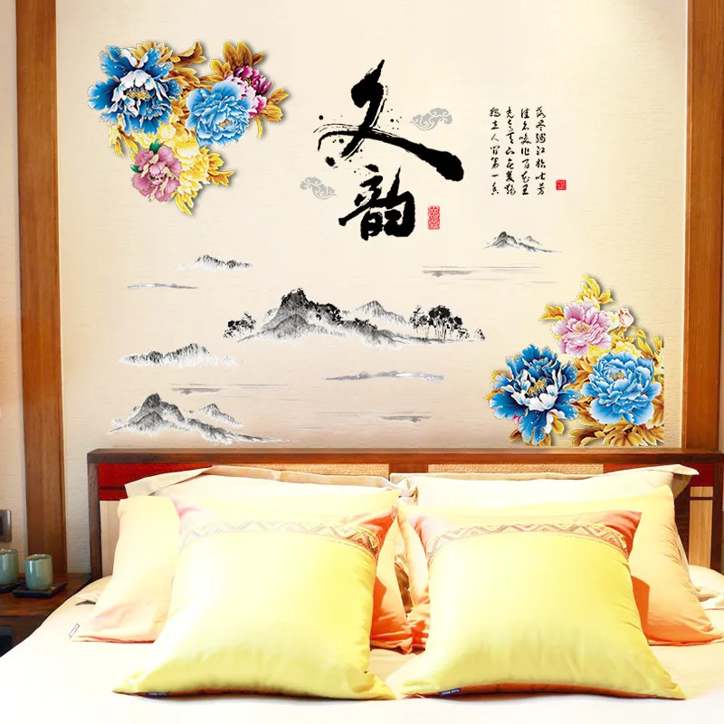 

Chinese Style Flower Wall Stickers Vintage Living Room Bedroom TV Wall Decor Aesthetic Picture Home Office Decals Wallstickers