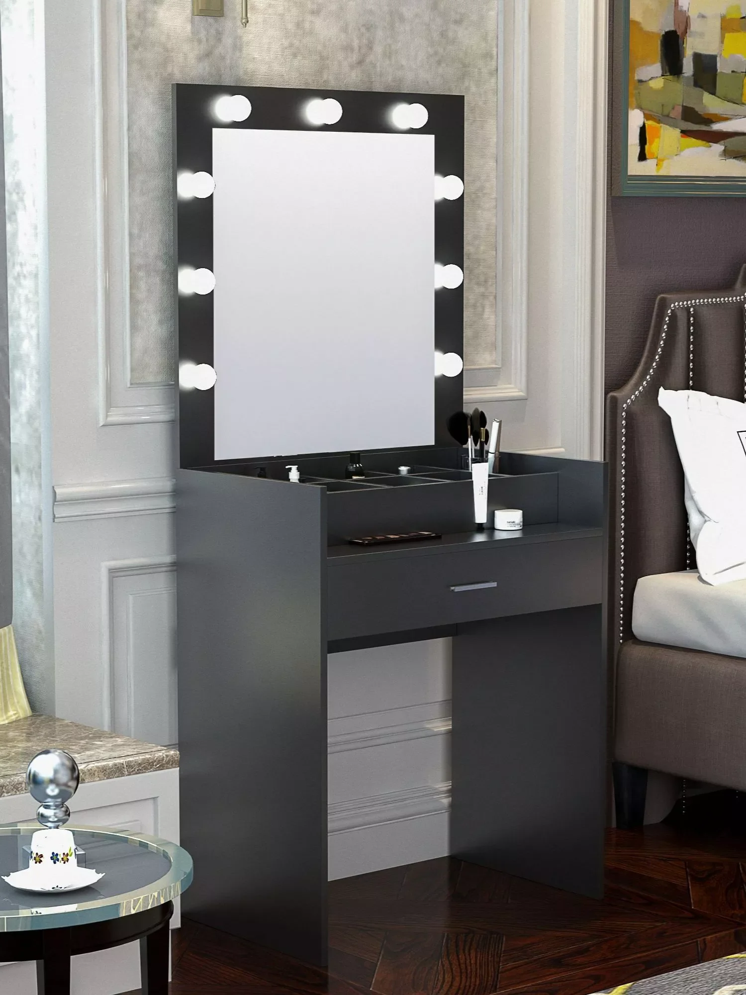 

1PC Dressing Table With Mirror Open Storage Grids Dressers Makeup Vanity Cabinet LED Make Up Mirror Light Bulb Bedroom Furniture