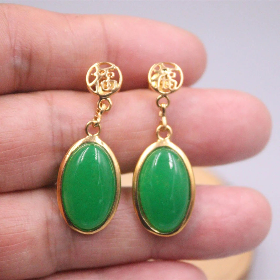 

Hot Sale 18K GP Alloy With Green Jade Jadeite Women Raindrop Dangle Earrings