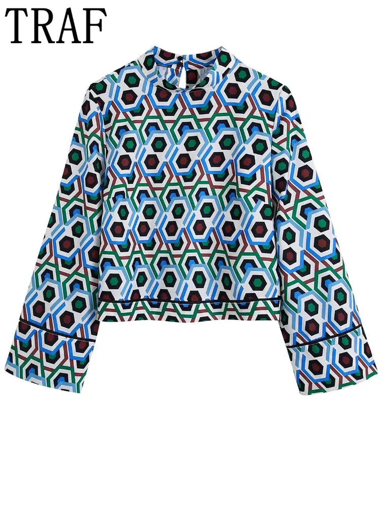 

TRAF 2022 Geometric Print Crop Top Woman Blue Vintage Blouse Women High Neck Wide Long Sleeve Top Female Elegant Blouses