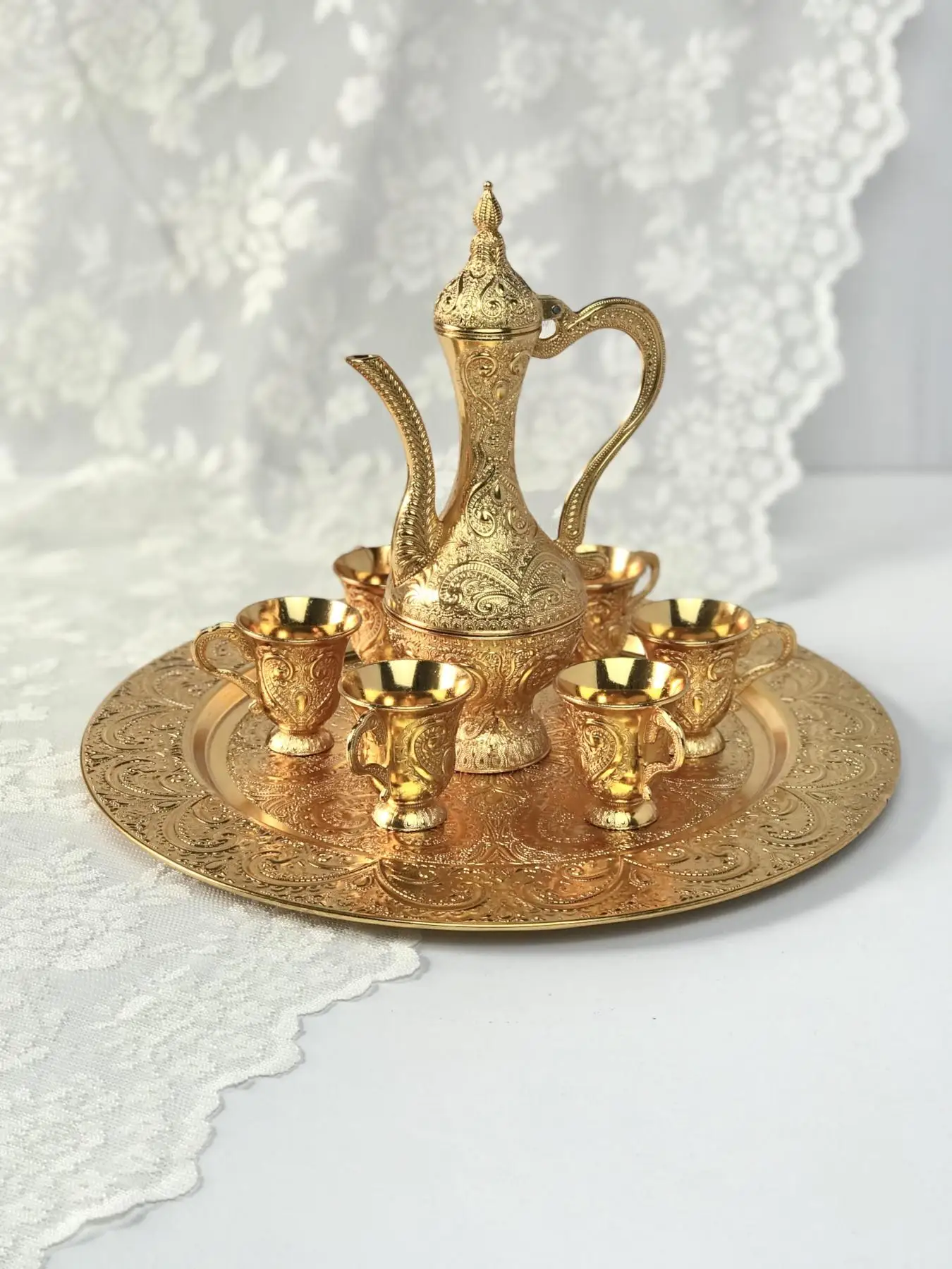 

Gold cast Metal authentic Payitaht floor with six cup and cover jug