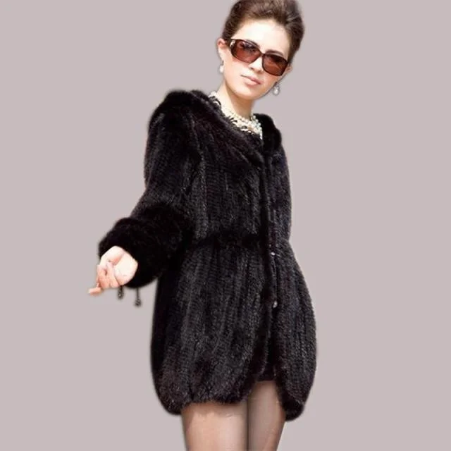 

fashion knitted genuine New real natural Mink fur coat with hooded women knit jacket winter fur waistcoats