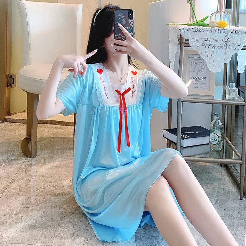 2Pcs/Lot New Summer 40kg To 100kg Ladies Short Sleeve Nightdress Breathable Ice Silk Ladies Homewear Size M L XL XXL 3XL 4XL
