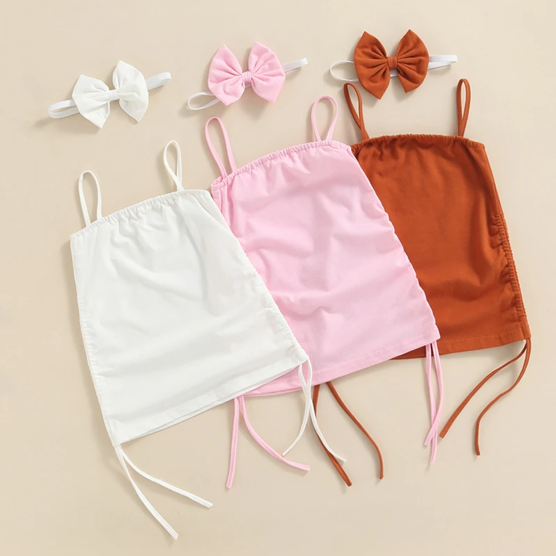 

Toddler Baby Girl Slip Dress Summer Fashion Solid Sleeveless Strap Drawstring Straight Dresses for Children Cotton Kids Clothes