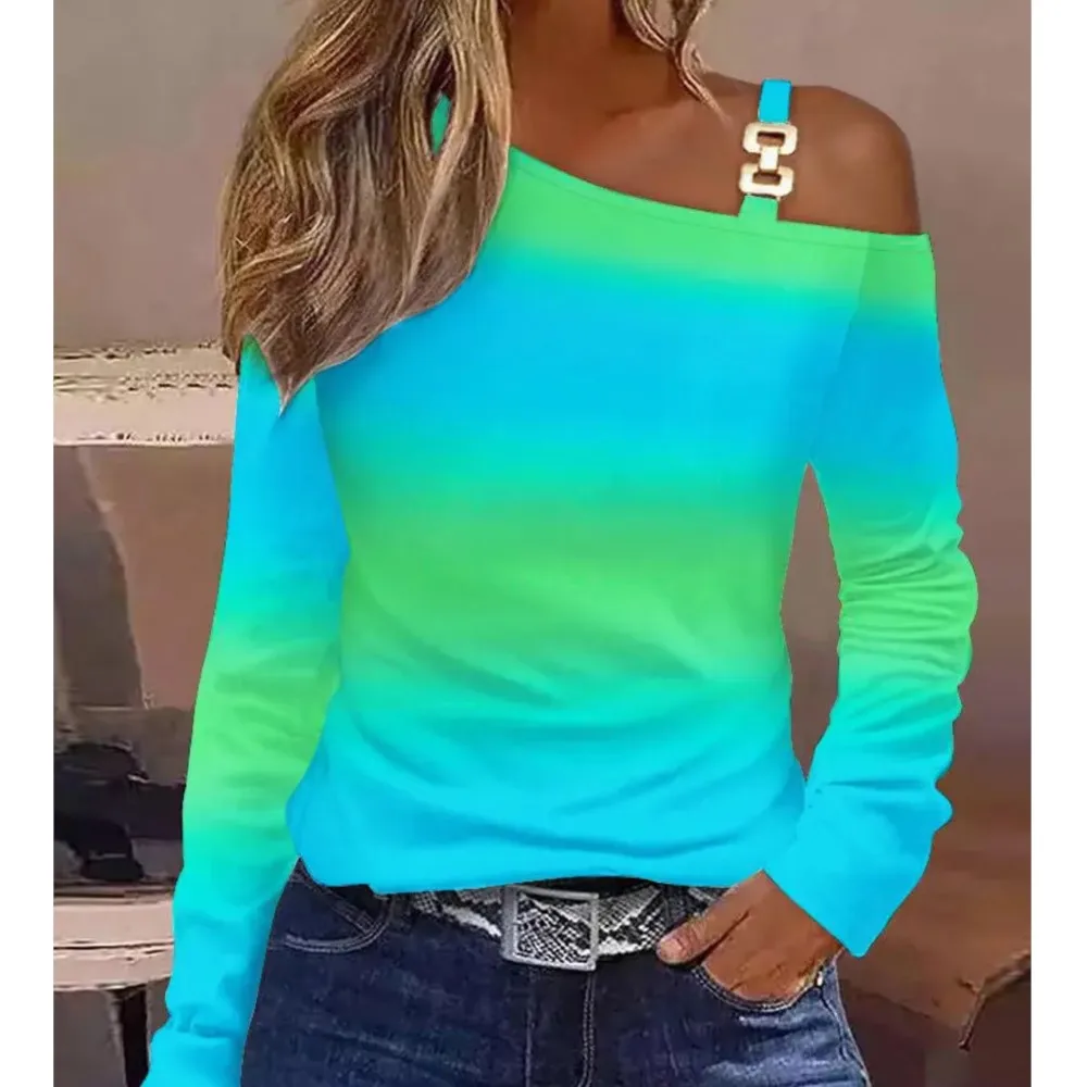 

Женская приталенная рубашка с воротником-лодочкой, разноцветная блузка с металлическим принтом и открытыми плечами, с градиентным переходом цветов, весна 2024